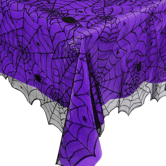 2Pcs Halloween Tablecloths, Black Lace & Purple Lined Rectangular Table Cloth, Spider Web Table Cover for Scary Halloween Decorations Indoor, 54 x 72 Inch-CasaMuseHome