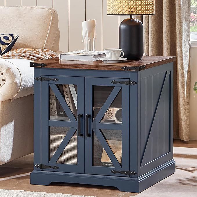 24" End Table with Charging Station, Farmhouse Night Stand with Glass Barn Door, White Nightstands with Adjustable Storage Shelf, Large Wood Square Bed Side Table for Living Room,Bedroom-CasaMuseHome