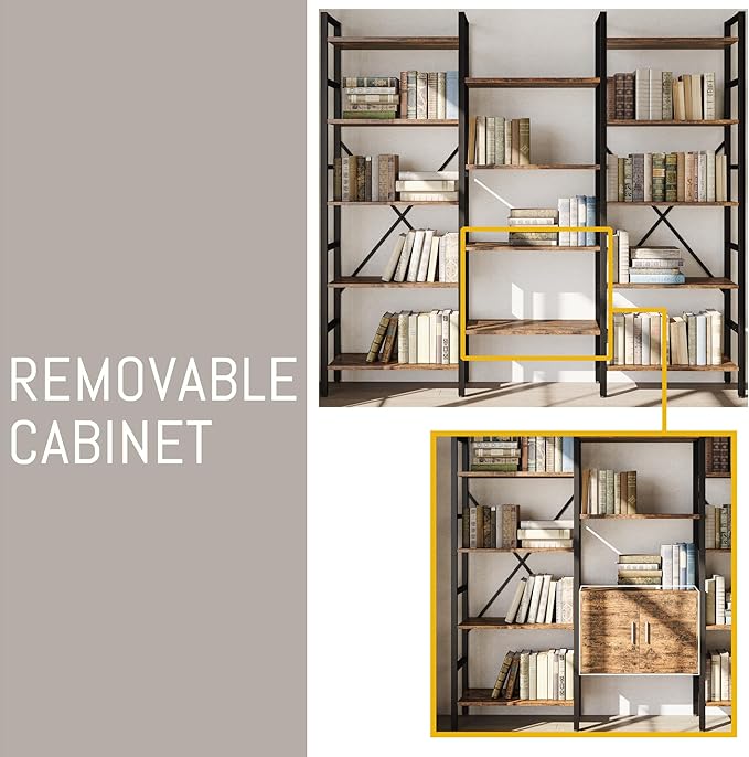 70 x70" Triple 5 Tier Book Shelf, Industrial Large Bookcase with Storage Cabinet, Tall Bookshelf with 14 Open Display Shelves Metal Frame Furniture for Living Room Bedroom Home Office Rustic Brown-CasaMuseHome
