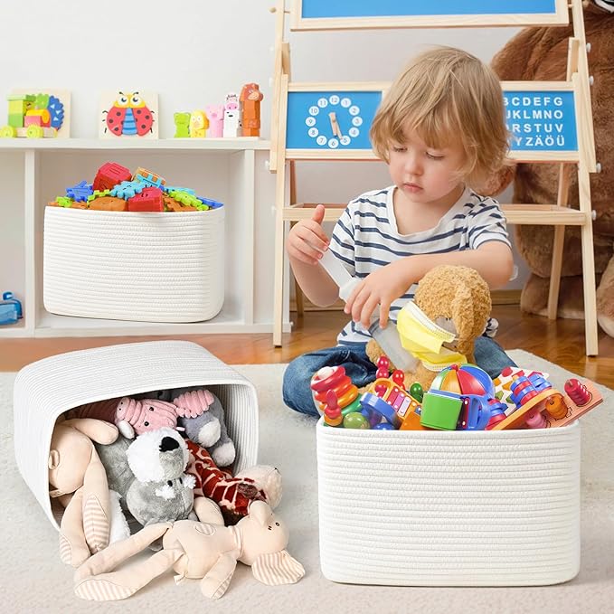 3-Pack Shelf Baskets for Organizing, Woven Storage Basket for Shelves, Cotton Rope Storage Bins for Toys Books, Nursery Towel Baskets for Classroom, 14.96"X9.8"X8.85", White-CasaMuseHome