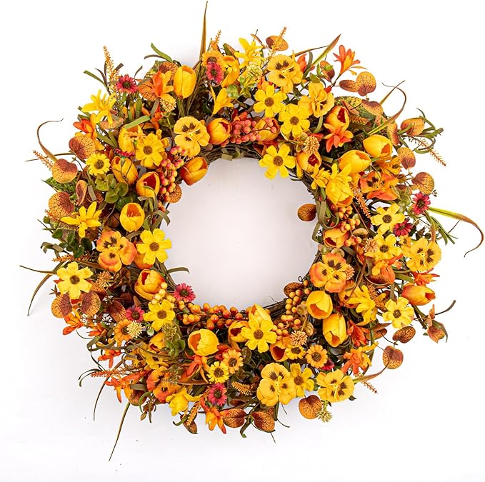 22 Inches Fall Wreaths for Front Door Rustic Autumn Wreath Farmhouse Fall Floral Wreaths with Tulips Orange Wildflowers for Wall Window Porch Indoor Outside-CasaMuseHome