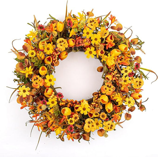 22 Inches Fall Wreaths for Front Door Rustic Autumn Wreath Farmhouse Fall Floral Wreaths with Tulips Orange Wildflowers for Wall Window Porch Indoor Outside-CasaMuseHome