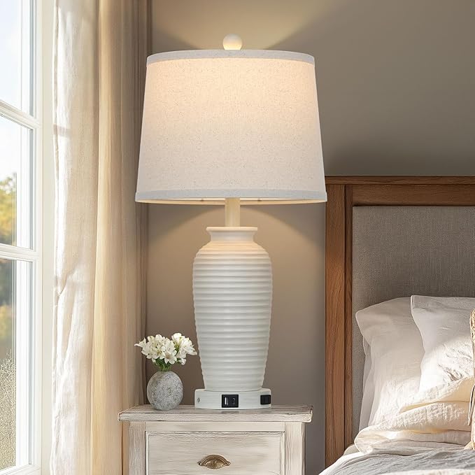 25" Farmhouse Jar Table Lamps Set of 2,Rustic Cream Pot Table Lamp for Bedroom, Living Room,3 Way Touch Control Rustic Bedside Lamps with USB A+C Ports & AC Outlet(LED Bulbs Included)-CasaMuseHome