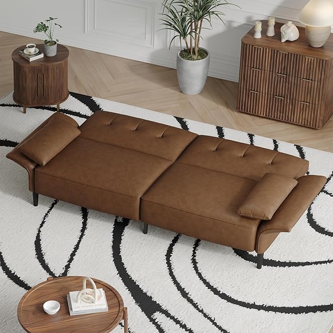 89” Futon Sofa Bed, Faux Leather Futon Couch Bed with 2 Square Pillows, Convertible Sleeper Sofa with Adjustable Backrest& Armrests, Modern Loveseat Sleeper for Living Room, Bedroom, Brown-CasaMuseHome