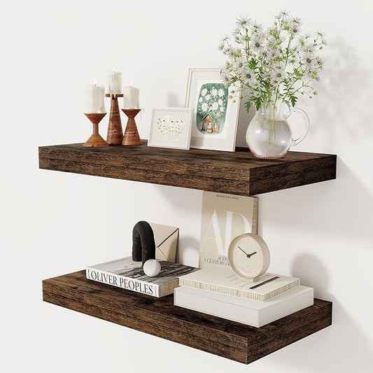 12 Inch Deep Floating Shelves, 24 x 12 Floating Shelf for Books, Rustic Wood Deep Wall Shelves for Home Storage & Display, 2" Thicked Shelves for Kitchen, Living Room, Bedroom, Rustic Brown, 2 Pack-CasaMuseHome