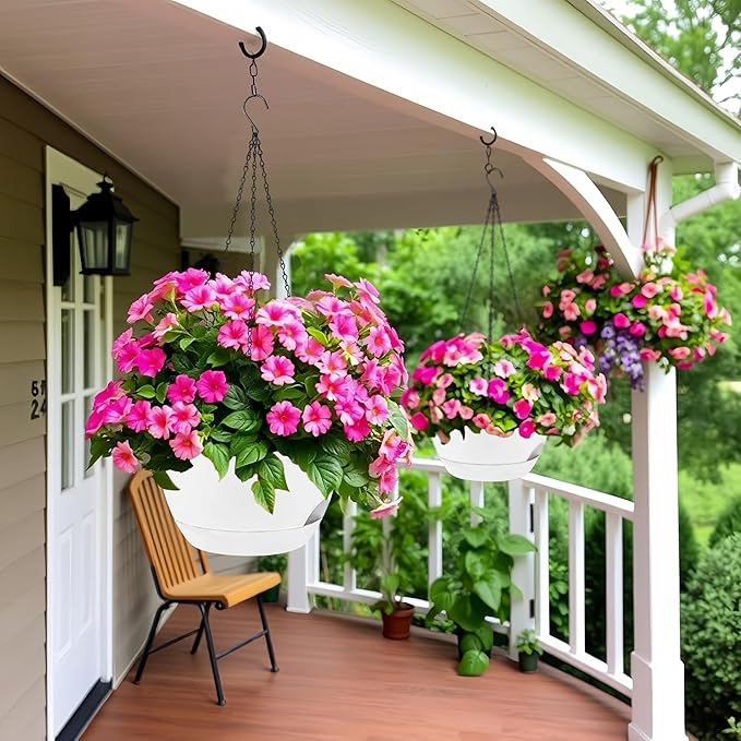 2 Pack 12 Inch Large Hanging Planters with Chains Self Watering White Plastic Hanging Pots for Indoor Outdoor Plants, Garden Porch Home Decor，White-CasaMuseHome