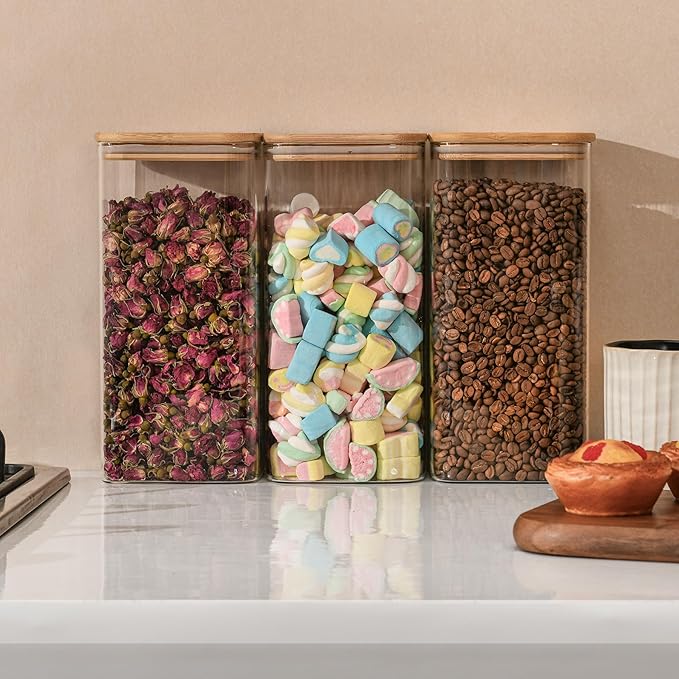 64oz Rectangle Airtight Glass Storage Containers with Bamboo Lids (Set of 4), Square Food Storage Jar, Pantry Organizers for Cereal, Flour, Pasta and Coffee beans (‎with Black Lable)-CasaMuseHome