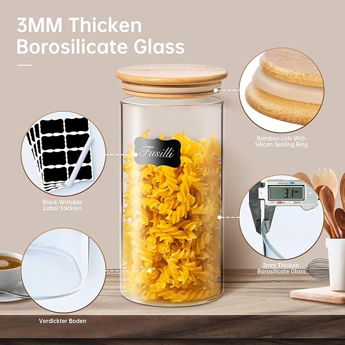 21oz - 4 Pack Glass Jars with Bamboo Lids, Glass Food Storage Containers with Airtight Lids, Air Tight Pantry Storage Containers for Coffee, Sugar, Spice, Meal Prep Jars for Salad & Fruit-CasaMuseHome