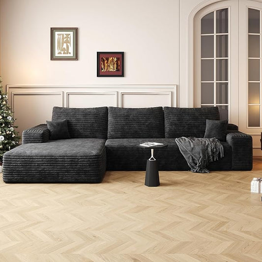 108" Sectional Couches for Living Room Modern Modular Sofa with L-Shape Couchs Upholstered Boneless Couch Deep Seat Sectional Couch with Chaise (Black, Left Facing Chaise+2Seaters)-CasaMuseHome