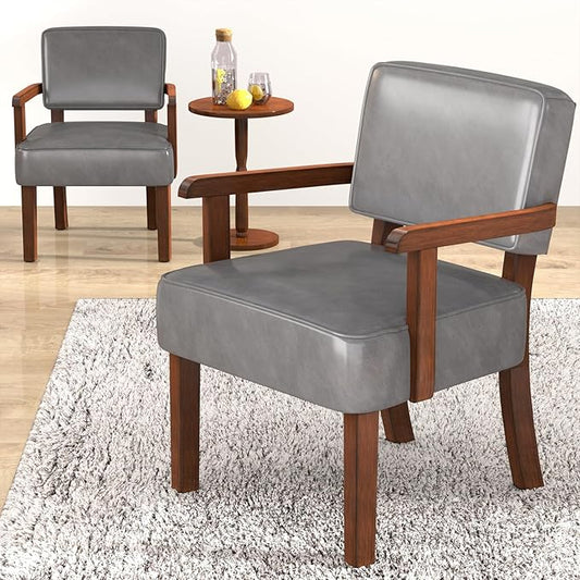 Accent Chair, PU Leather Oversized Living Room Chairs with Soft Seat and Armrests, Armchair for Bedroom, Dinning, Reading and Waiting Rooms (Leather Gray)-CasaMuseHome