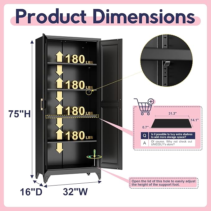 75" Storage Cabinet, Metal Pantry Cabinet, Kitchen Pantry Storage Cabinets with Doors and 4 Shelves, Cabinets for Laundry Room, Living Room, Dinning Room, Assembly Required, Black-CasaMuseHome