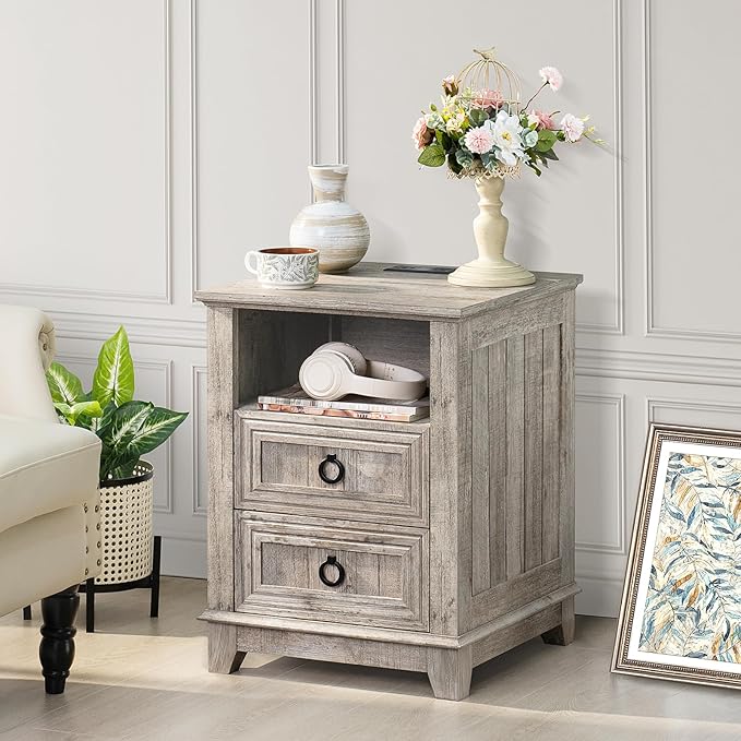 18" Farmhouse Night Stand with Charging Station, 2 Drawers End Table Dresser for Bedroom, Oak Wooden Nightstand, Bed Side Table with Open Shelf, Bedside Cabinet for Living Room, Closet-CasaMuseHome