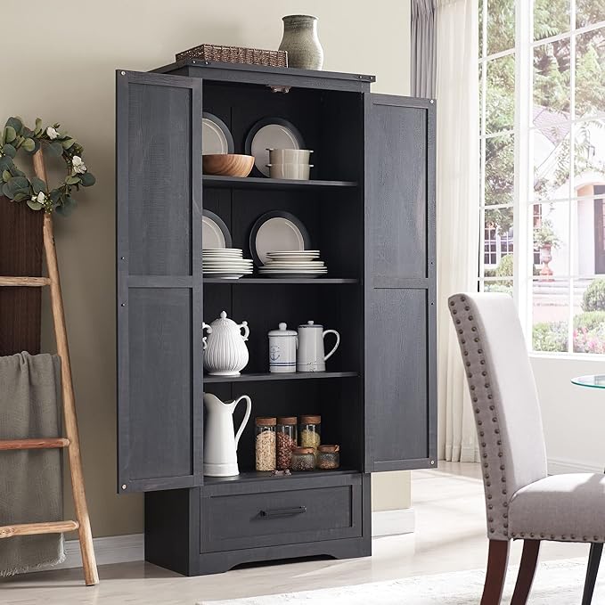 72" Tall Wood Storage Cabinet, Farmhouse Kitchen Pantry Cabinet with Adjustable Shelves & Drawer & Barn Doors, Versatile Storage for Kitchen, Dining Room, Bathroom, Black-CasaMuseHome