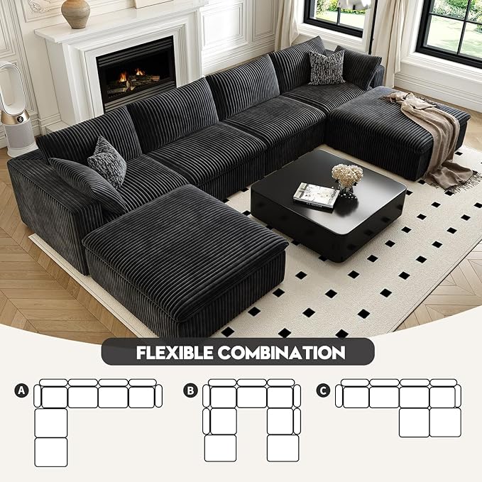 157.5" Cloud Couch Oversized Modular Sectional Sofa for Living Room,Modern Sofa with Deep Seat，U-Shape Boneless Couch with 2 Ottoman,Comfy Upholstered Couches for Apartment, Studio, Office,Black-CasaMuseHome