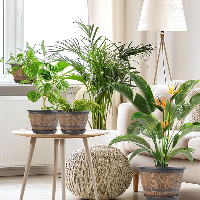 10-inch-Plant-Pots-Indoor-Outdoor, 4 Pack Whiskey Barrel Planters with Drainage Holes & Saucer, Plastic Flower Pots Imitation Wine Barrel Design, Decorative Garden Pots for Plants-CasaMuseHome