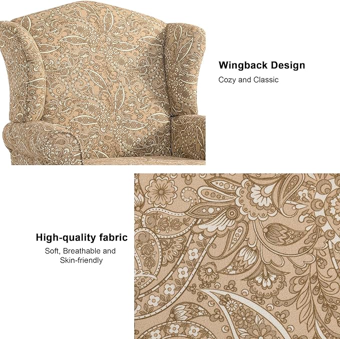 Accent Chair, High Back Upholstered Armchair with High Resilience Sponge & Wood Legs, Mid-Century Modern Comfy Single Sofa Reading Chairs for Living Room, Bedroom (Floral Light Brown, Set of 1)-CasaMuseHome