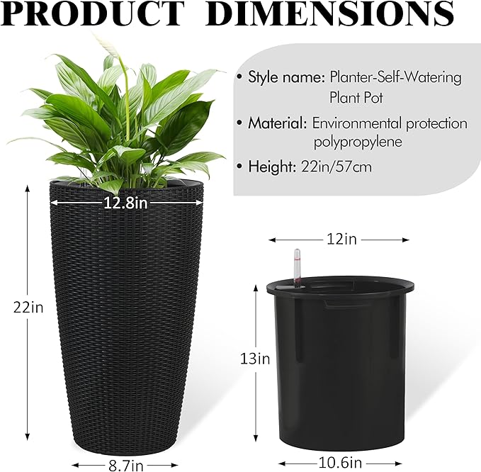 2Pack 22" High Modern Plant Pots Planter-Self-Watering Indoor/Outdoor Planting with Drain Holes, Water Level Monitor, Inner Bucket for Front Porch Patio, Black Rattan Conical-CasaMuseHome
