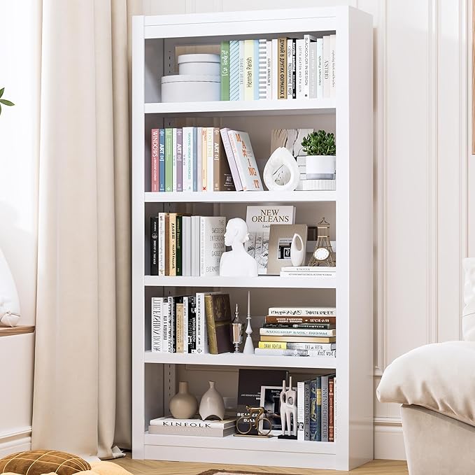 61" H Metal Bookshelf, 5 Tier Adjustable Bookshelf, White Small Bookcase, Bedroom Bookshelves and Bookcases, Modern Book Shelf for Living Room, Office, Easy Tool-Free Assembly-CasaMuseHome