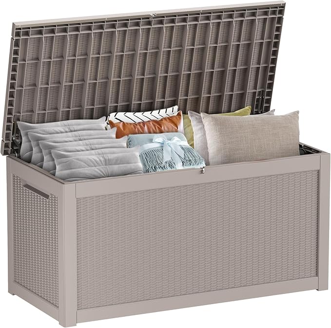 267 Gallon Deck Box Large Outdoor Storage for Patio Furniture,Outdoor Cushions,Garden Tools and Pool Supplies,Waterproof,Resin,Lockable(Grey Rattan)-CasaMuseHome