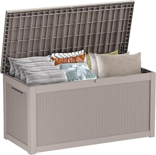 267 Gallon Deck Box Large Outdoor Storage for Patio Furniture,Outdoor Cushions,Garden Tools and Pool Supplies,Waterproof,Resin,Lockable(Grey Rattan)-CasaMuseHome