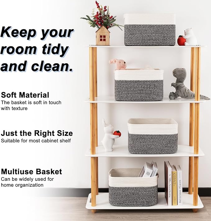 4 Pack Storage Baskets for Organizing, Woven Baskets for Shelves - Perfect for Toys, Books, Towels, and Clothes, Durable Gift Basket Bins Toy Storage, 13''Lx9''Wx7.8''H, Black & White-CasaMuseHome