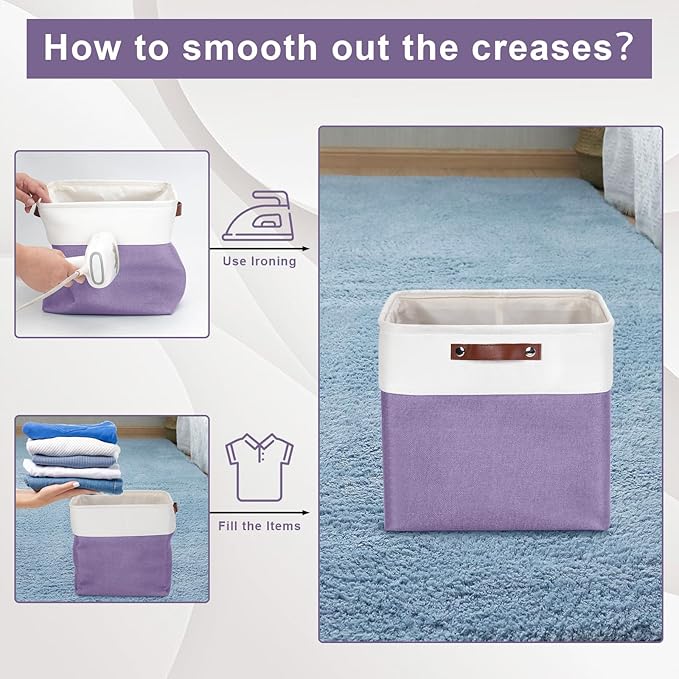 13x13 Cube Storage Bins, Collapsible Fabric Storage Box, 4 Pack Closet Baskets with Handles for Organizing, Shelf, Toys, Clothes, Home, Office, Nursery (Purple&White)-CasaMuseHome