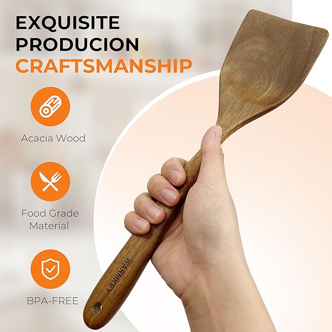 Acacia Wood Spatula Set of 3 - Natural Wooden Cooking Utensils for Nonstick Pans, Scratch-Proof & Heat Resistant, Sturdy & Lightweight Kitchen Tools with Hanging Holes-CasaMuseHome