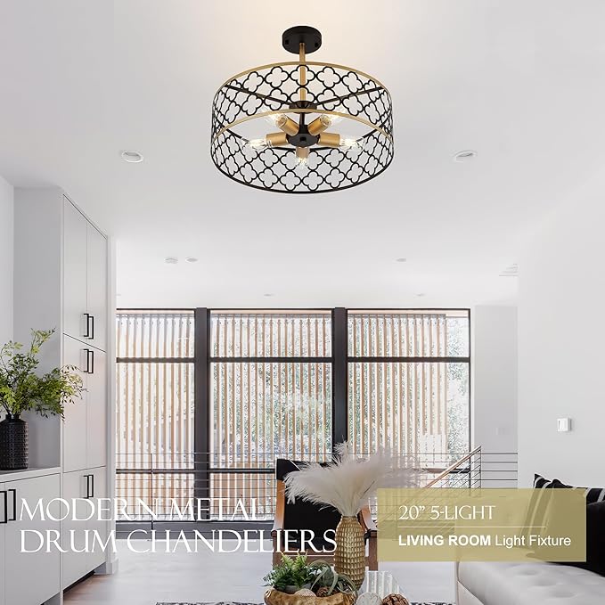 5-Light Drum Chandeliers for Dining Room,19.7" Rustic Farmhouse Dining Room Light Fixture, Black&Gold Metal Hanging Pendant Light for Living Room Bedroom Kitchen Entryway Foyer-CasaMuseHome