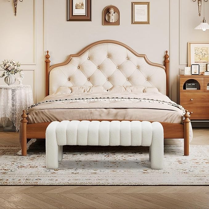 43.3" Bedroom Bench, Upholstered Entryway Bench, Modern End of Bed Ottoman with Solid Wood Legs and Adjustable Foot Pegs for Entryway, Dining Room and Living Room (White Teddy)-CasaMuseHome