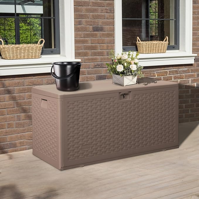 73 Gallon Pro Waterproof Outdoor Storage Pro Resin Deck Box Bin for Patio, Poolside, and Garden, Lockable & UV-Resistant, Ideal for Small Spaces, Brown-CasaMuseHome