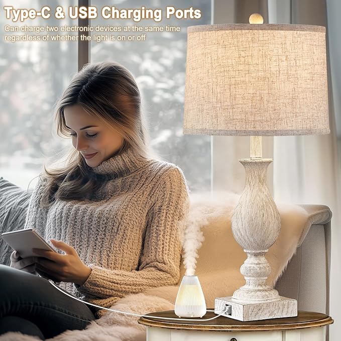 28'' Tall Farmhouse Table Lamps for Living Room, Bedroom Lamps Set of 2 with USB C+A Charging Ports, Rustic Farmhouse Nightstand Lamps for Bedside, Traditional Side Table Lamp with Fabric Shade-CasaMuseHome