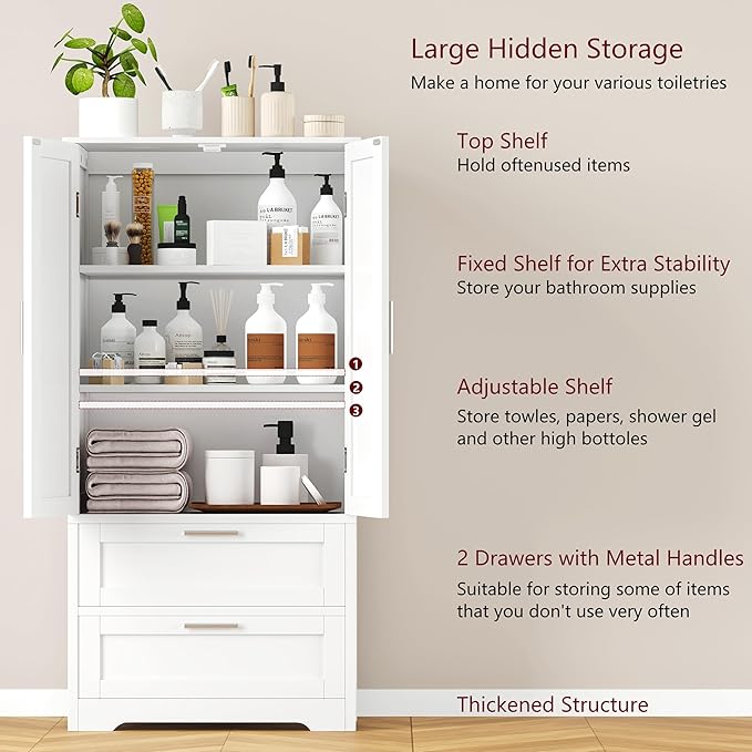 50.4" H Bathroom Storage Cabinet, Modern Floor Cabinet with Adjustable Shelf, Small Pantry with 2 Doors & Drawers, Storage Cabinet for Bathroom, Living Room, Kitchen, White KES007WCWG-CasaMuseHome