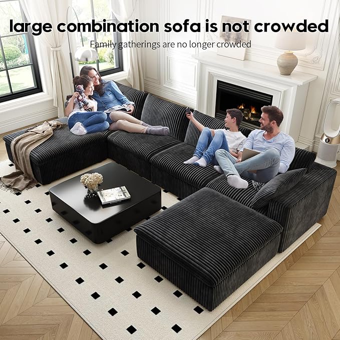 157.5" Cloud Couch Oversized Modular Sectional Sofa for Living Room,Modern Sofa with Deep Seat，U-Shape Boneless Couch with 2 Ottoman,Comfy Upholstered Couches for Apartment, Studio, Office,Black-CasaMuseHome