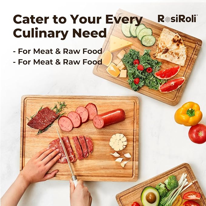 Acacia Wood Cutting Board for Kitchen, 3 Set with Holder - FSC Certified Large Wood Charcuterie Cheese Board with Handles and Juice Grooves, Wooden Chopping Block, Ideal Gift Set of 3 (S/M/L)-CasaMuseHome