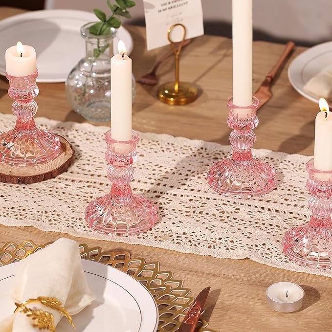 12PCS Pink Candlestick Holders Set- 4" H Taper Candle Holders, Glass Candle Holders Bulk for Wedding, Party, Home Table Centerpieces, Festival Gifts & Windowsill Decor-CasaMuseHome