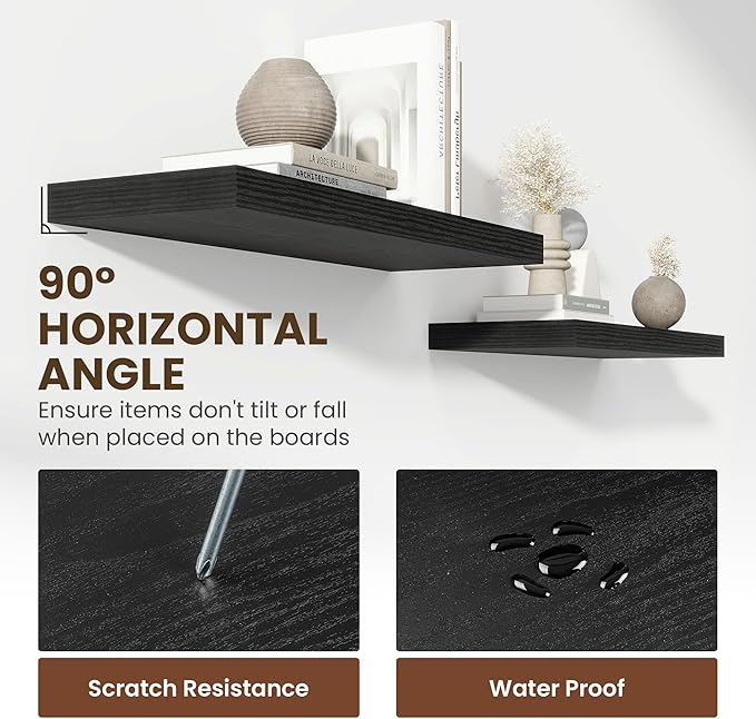 36 Inch Floating Shelves, 12 Inch Deep Floating Shelves for Wall, Floating Shelf with Invisible Brackets, Deep Shelves for Bathroom, Bedroom, Living Room, 2 Pack, Black-CasaMuseHome