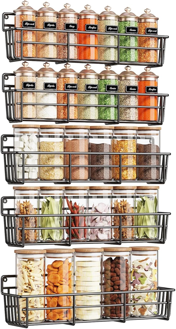 5 Pack Spice Rack Seasoning Organizer Wall Mount, Screw or Adhesive Hanging Shelf Basket Spice Organizer Shelf for Kitchen, Black-CasaMuseHome