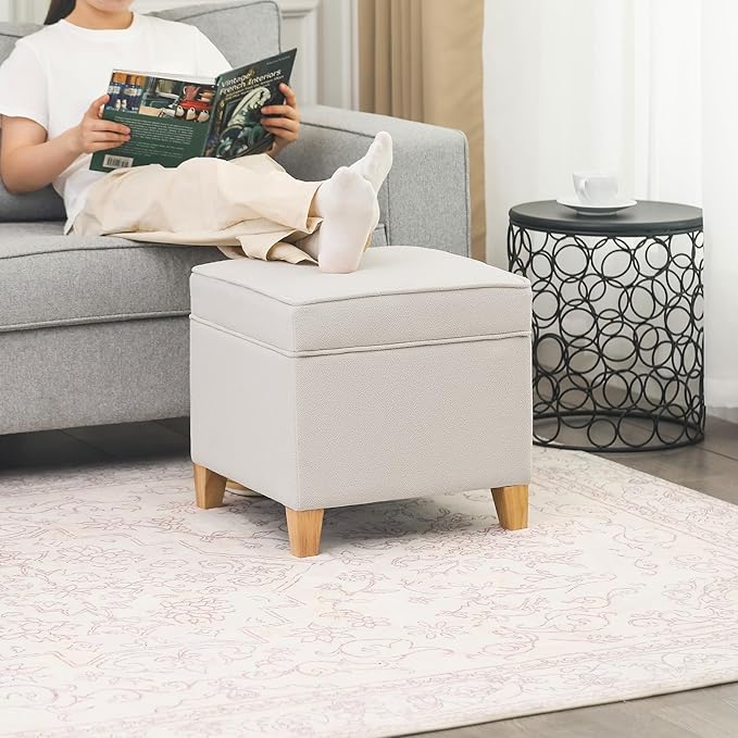 Adeco 17.5" Square Fabric Ottoman with Storage - Upholstered Cotton Linen Foot Rest - Flip Top Footstool with Sturdy Wood Legs, Small Cube Coffee Table Extra Seat for Living Room, Bedroom, White-CasaMuseHome