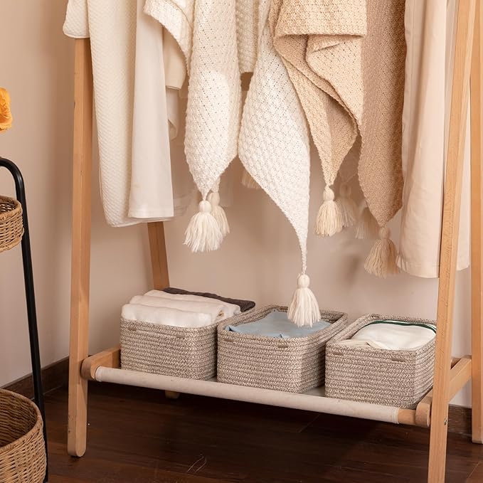 3 Pack Small Storage Baskets for Organizing, Cute Woven Decorative Gift Baskets for Shelves, Mini Closet Organizer Bins with Handles, 11.81''Lx7.87''Wx4.72''H-Brown-CasaMuseHome