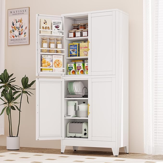 74.8" Tall Metal Food Cabinet, White Kitchen Pantry Cabinet, Storage Cabinets with 4 Door and 4 Adjustable Shelves, Steel Freestanding Cupboard for Kitchen Dining Room Living Room Bathroom-CasaMuseHome