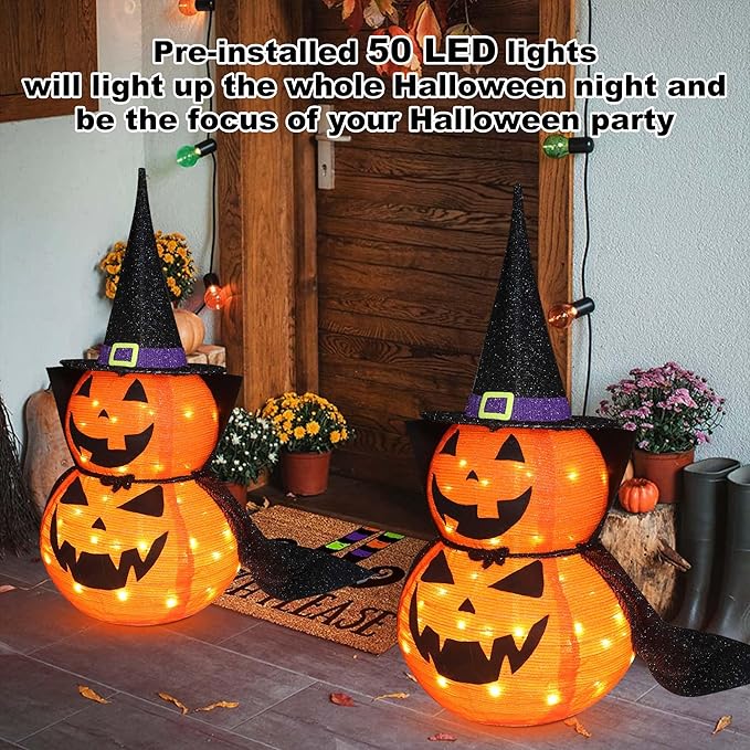 3FT Halloween Collapsible Pumpkin Decoration, 50 LED Pop-Up Pumpkin Lamp with Star Cap, Plug in Halloween Jack-O-Lantern with Metal Stand for Indoor Outdoor Garden Patio Party Decor-CasaMuseHome