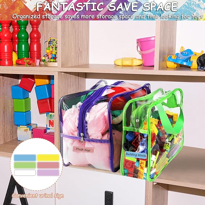 6 Colors Large Toy Storage Bags with Labels, Reusable Clear PVC Board Game Storage, Travel Waterproof Organizer Bags with Zipper for Building Blocks, Puzzle, Kids Books(3 large & 3 Widen X-Large)-CasaMuseHome