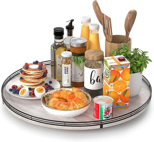 21" Lazy Susan Wood Turntable Organizer for Kitchen Decor, Farmhouse Round Wooden Lazy Susan Organization and Storage for Cabinet, Dining Table, Pantry, Bathroom, Countertop, Centerpiece, Home Decor-CasaMuseHome