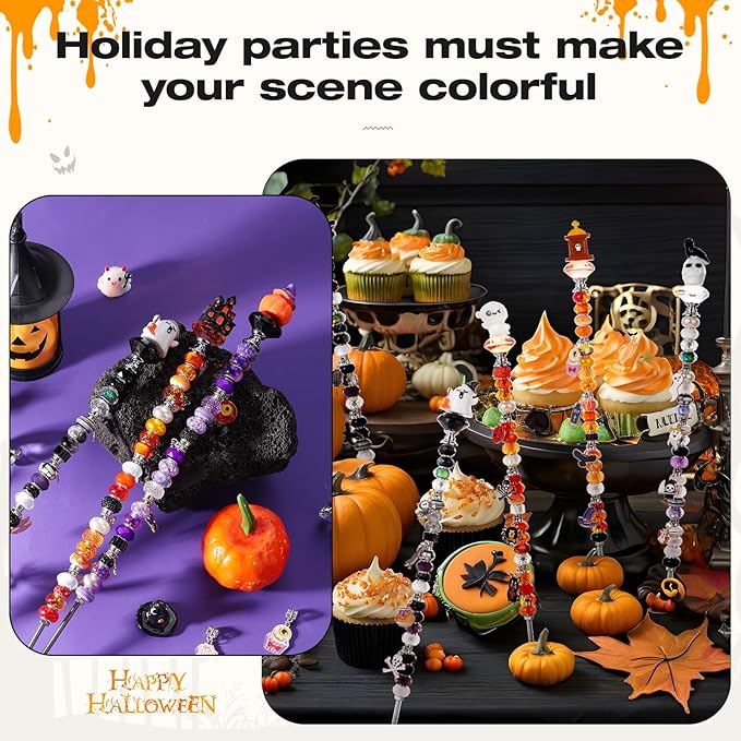 358PCS Halloween Beaded Garden Stakes, DIY Halloween Fairy Wand Garden Stake Decorative Kit with 12 in or 10 in Threaded Rod, Crystal Top, Large Holes Bead, Pendant for Outdoor or Indoor Decoration-CasaMuseHome