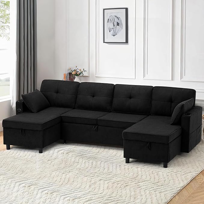 110 Inches Chenille Sectional Sofa w/Pull Out Sofa Bed & Adjustable Back, Tufted U Shaped Couch w/Two Storage Chaises, Sleeper Sectional Sofa w/USB Port & Cup Holders for Living Room, Black-CasaMuseHome