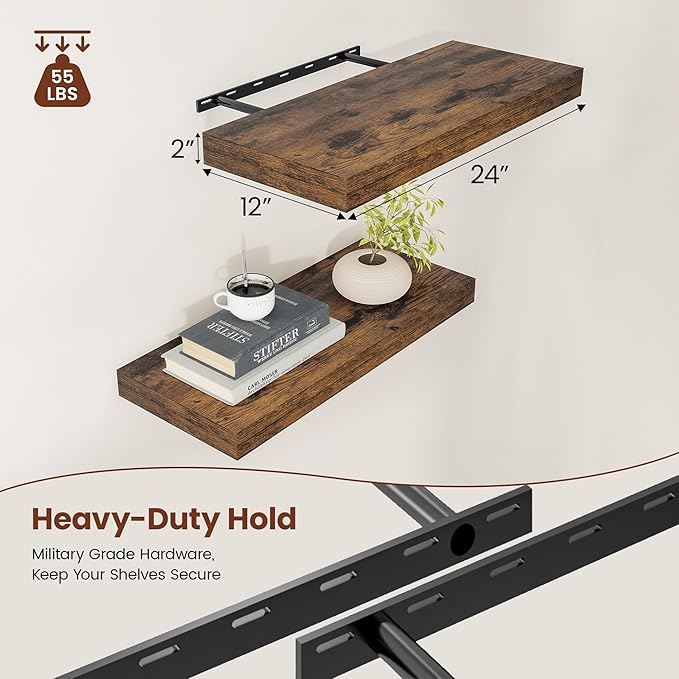 12" Deep Floating Shelves for Wall 24 Inches Long, Heavy Duty Wall Shelves for Bedroom Bathroom Kitchen Laundry Room, Farmhouse Rustic Shelves for Home Decor, 24" X 12" X 2" Set Of 2, Rustic Brown-CasaMuseHome