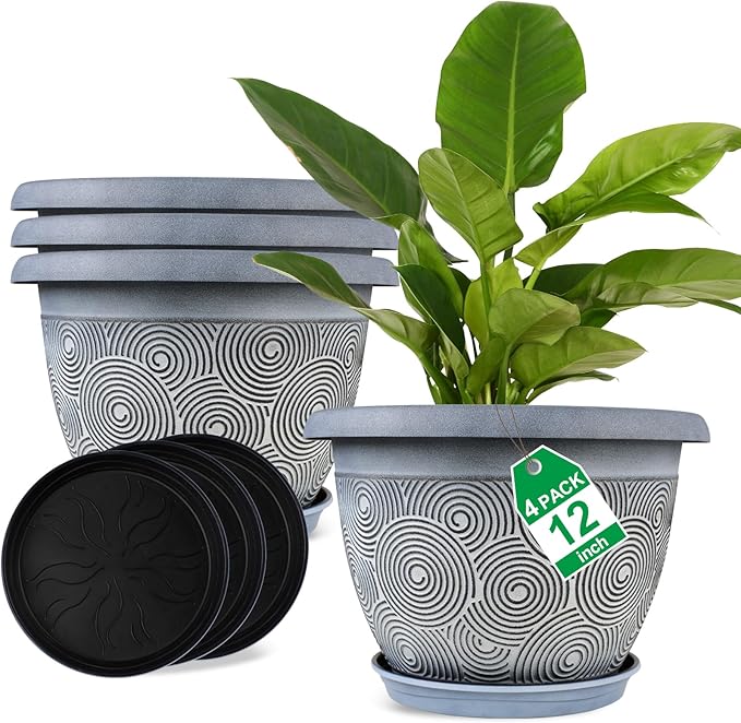12 Inch Large Planter Pot for Plants Indoor Outdoor, 4 Pack Plastic Flower Pots with Drainage Hole & Tray, Modern Decorative Garden Pot with Saucer, Plant Container for House-CasaMuseHome