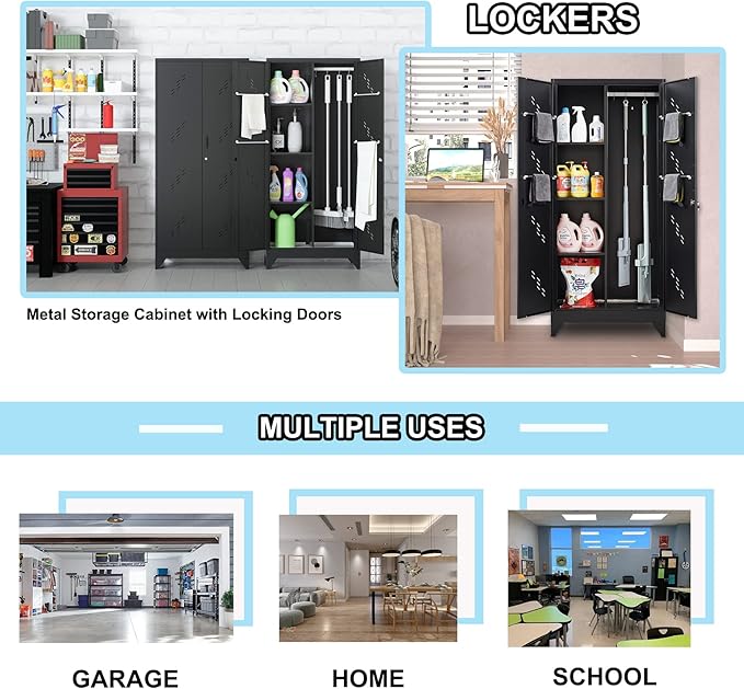 71" Broom Closet Cabinet with Hanging Rod, Tall Black Metal Storage Cabinet for Bathroom, Utility Room, and Garage-CasaMuseHome