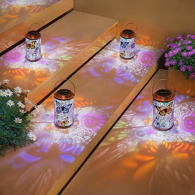 2Pack Solar Lanterns Outdoor Waterproof Colorful Butterfly Garden Gifts for Women, Multicolor Solar Outside Lights Patio Lantern for Yard, Backyard, Porch, Mothers Day Gifts for Mom Grandma Wife-CasaMuseHome