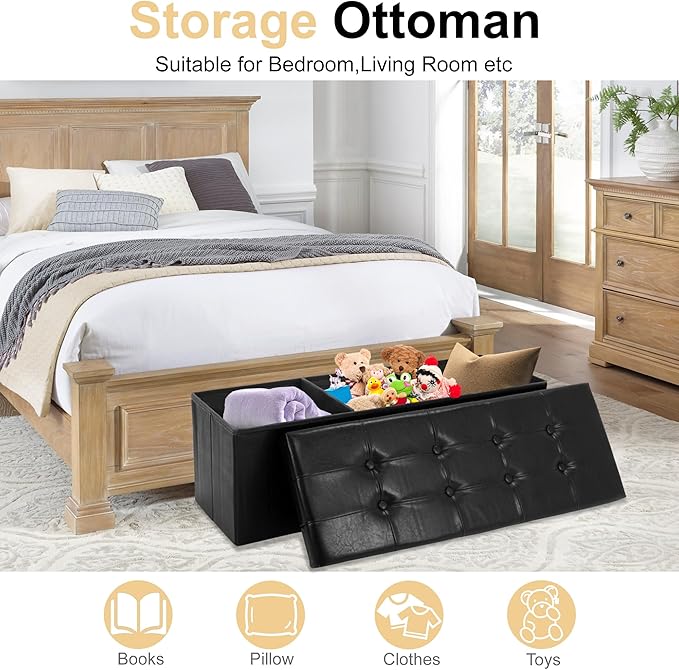 43 Inches Folding Storage Ottoman Bench, PU Leather Storage Chest, Footrest Padded Seat for Bedroom and Hallway, Holds up to 660 lbs, Black-CasaMuseHome